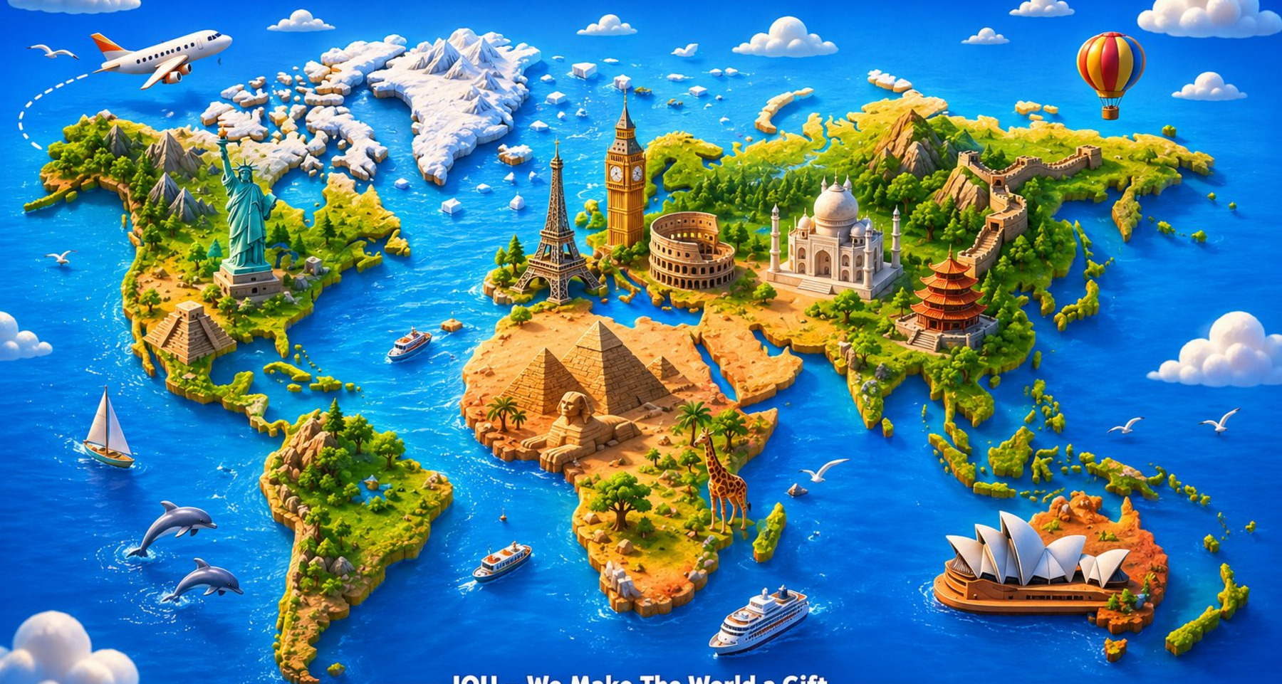 Colorful illustrated world map filled with famous landmarks and travel scenes